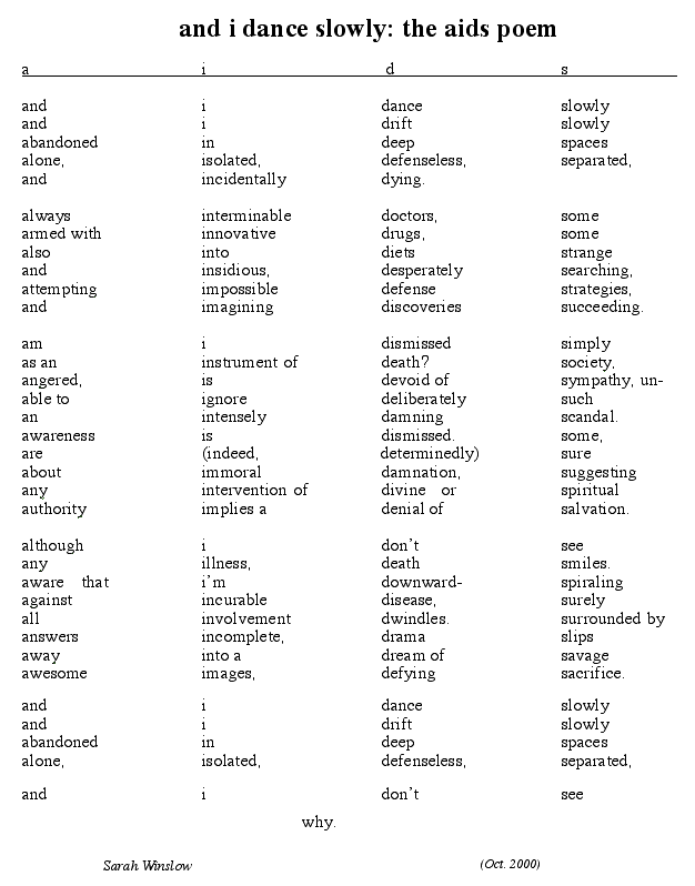 and i dance slowly: the aids poem

a               i               d               s

and				i				dance 			slowly
and 			i				drift			slowly
abandoned		in				deep			spaces
alone,			isolated,		defenseless,	separated,
and				incidentally	dying.	

always			interminable	doctors,		some
armed with		innovative		drugs,			some
also			into			diets			strange
and 			insidious,		desperately		searching,
attempting		impossible		defense			strategies,
and 			imagining		discoveries		succeeding.

am				i				dismissed		simply
as an			instrument of	death?			society,
angered, 		is				devoid of		sympathy, un-
able to			ignore			deliberately	such
an				intensely		damning			scandal.
awareness		is				dismissed.		some,
are				(indeed,		determinedly)	sure
about			immoral			damnation, 		suggesting
any				intervention of	divine	or		spiritual
authority		implies a		denial of		salvation.

although		i				dont 			see
any 			illness,		death			smiles.
aware	that	im				downward-		spiraling
against			incurable 		disease,		surely
all				involvement		dwindles.		surrounded by
answers			incomplete,		drama			slips
away			into a			dream of		savage
awesome			images,			defying		`   sacrifice.

and				i				dance 			slowly
and 			i				drift			slowly
abandoned		in				deep			spaces
alone,			isolated,		defenseless,	separated,

and 			i				dont			see

           				 why.        

- Sarah Winslow (Oct. 2000) --